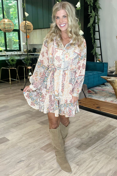 Floral Print Long Sleeve Button Front Dress