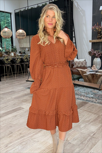 Rust Printed Tiered Dress