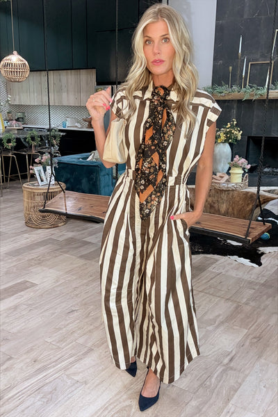 Brown & Cream Striped Wide Leg Jumpsuit