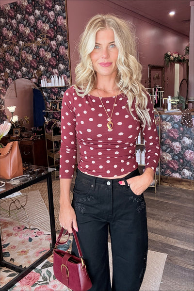 Burgundy Polka Dot Boat Neck Top