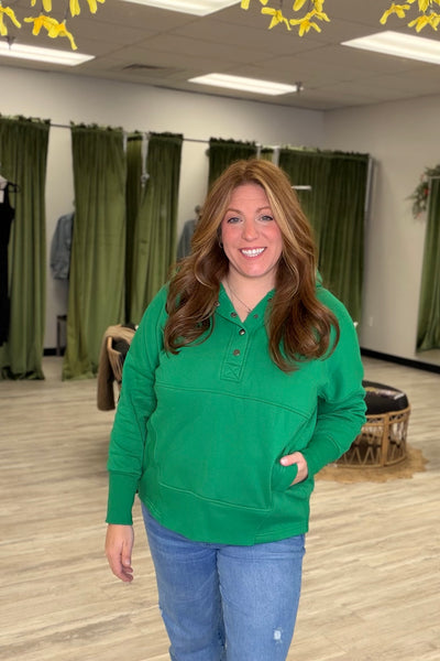 Green 1/4 Button Hooded Sweatshirt