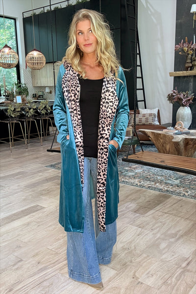 Teal Animal Print Lapel Velvet Duster