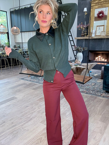 Burgundy Straight Leg Lace Trim Pants