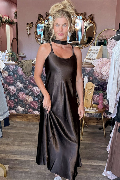 Brown Satin Scarf Dress