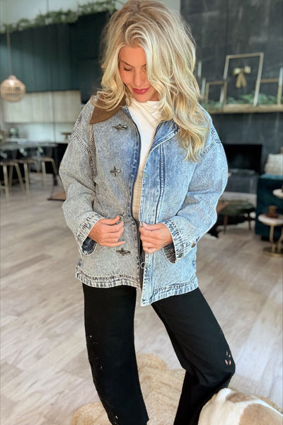 Medium Wash Mocha Corduroy Collar Denim Jacket