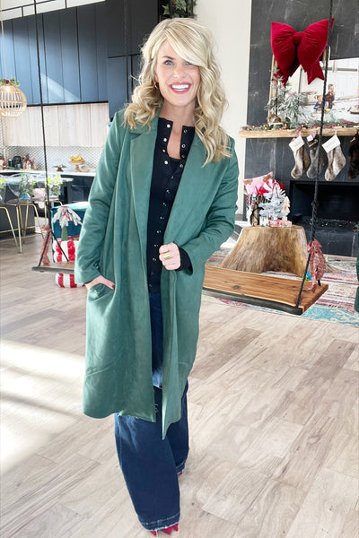 Moss Green Faux Suede Long Coat