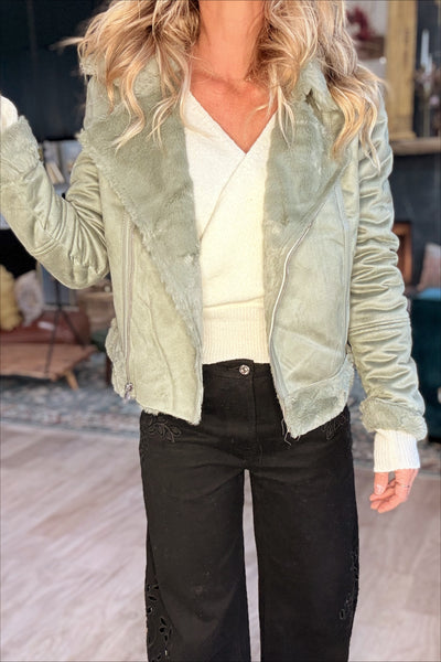 Sage Suede Faux Fur Moto Jacket