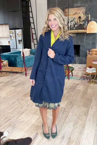 Navy Button Front Long Coat
