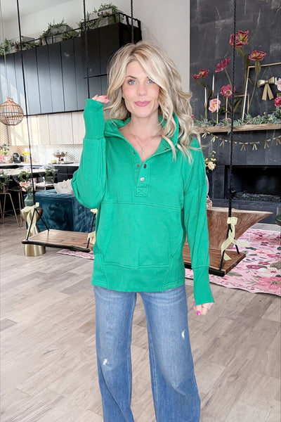 Green 1/4 Button Hooded Sweatshirt