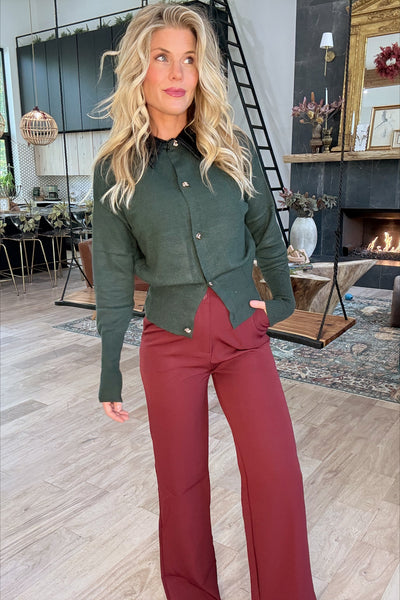 Emerald & Leather Collar Knit Cardigan