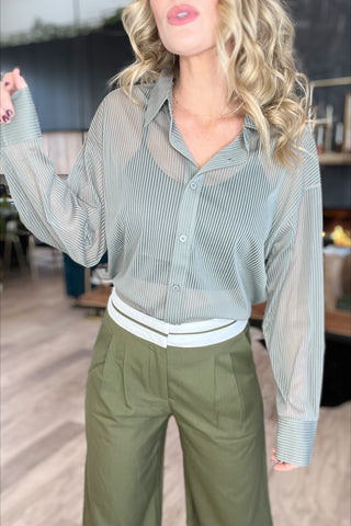 Slate Sheer Striped Stretch Button Down Top