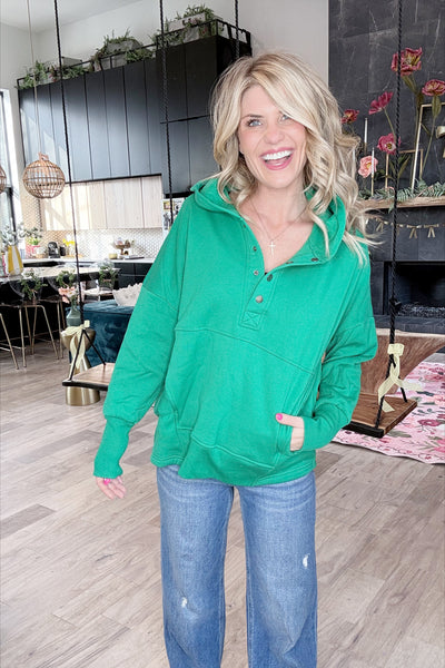 Green 1/4 Button Hooded Sweatshirt