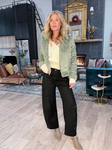 Sage Suede Faux Fur Moto Jacket