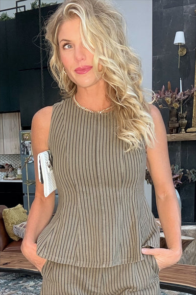 Mocha Striped Peplum Top Set (Top Only)