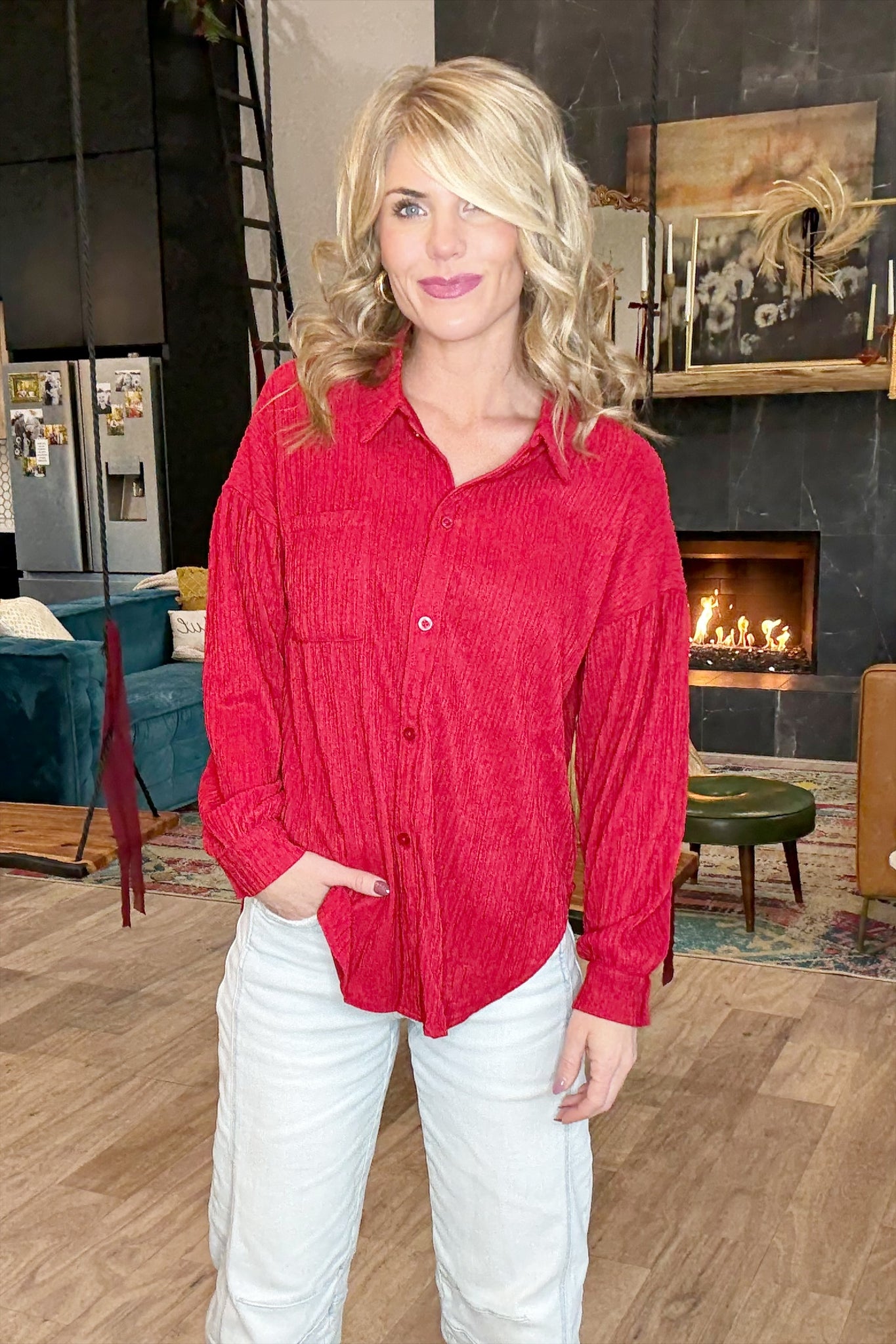 Red Crinkle Button Front Top Set (Top Only)