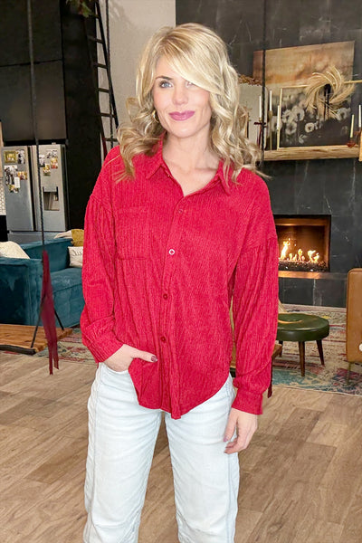 Red Crinkle Button Front Top Set (Top Only)