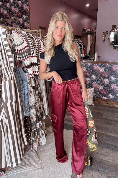 Burgundy Satin Cargo Pants