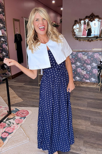 Navy Strapless Polka Dot Dress