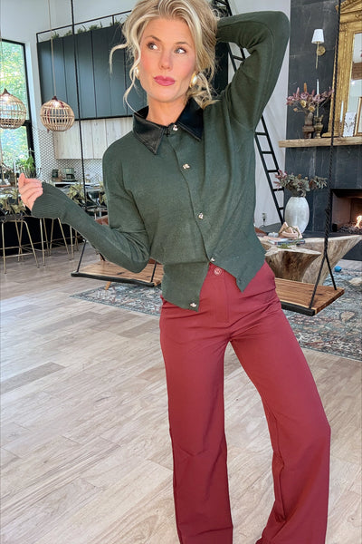 Emerald & Leather Collar Knit Cardigan