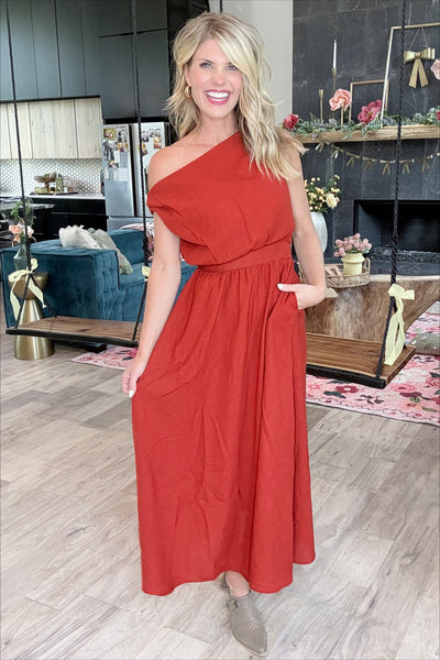 Deep Red Asymmetrical A-Line Linen Dress