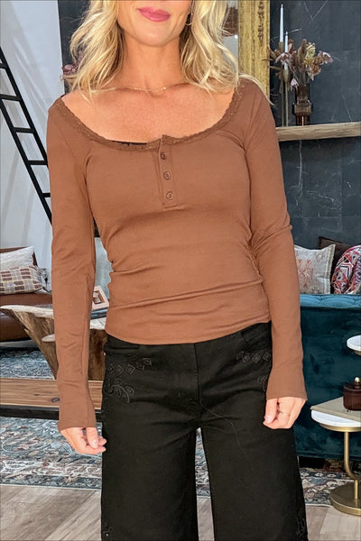 Brown Lace Trim Ribbed Knit Henley Top