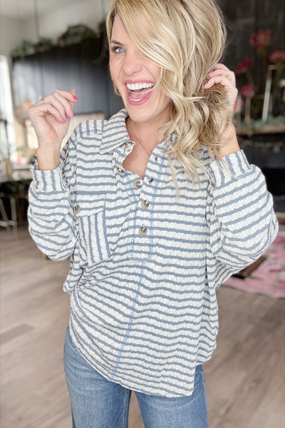 Blue Striped Quarter Button Top