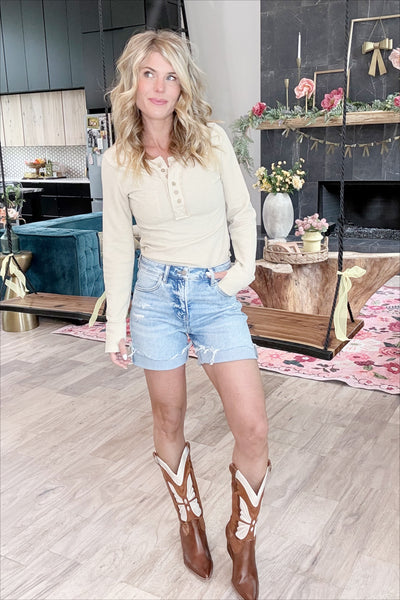 Light Wash Distressed Midi Shorts