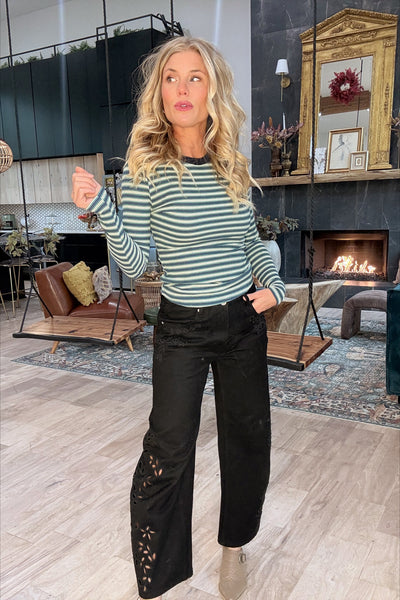 Green & Navy Striped Long Sleeve Top