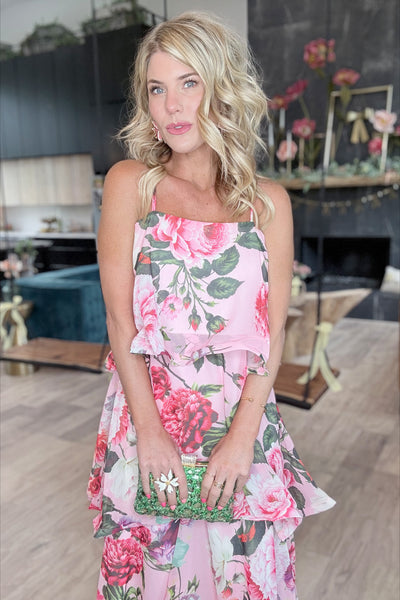 Pink Floral Ruffle Tiered Maxi Dress