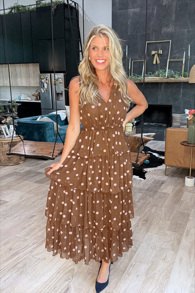Brown & Pink Polka Dot Tiered Midi Dress