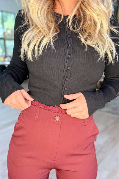 Black Ribbed Knit Button Front Scalloped Detail