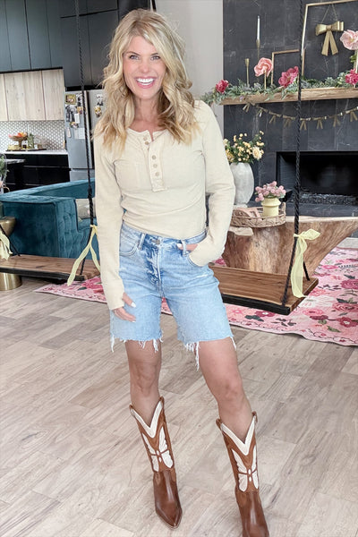 Light Wash Distressed Midi Shorts