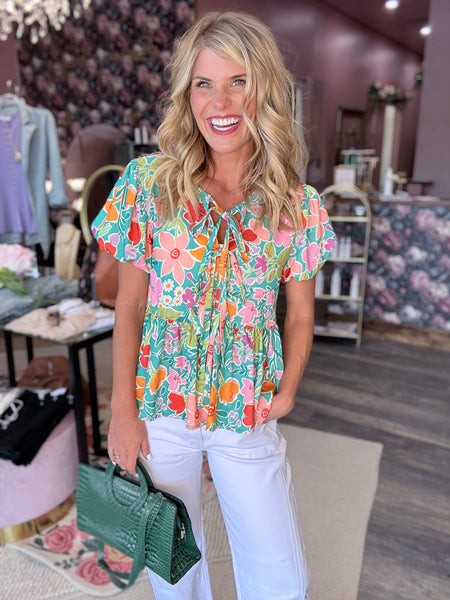 Tie Front Floral Ruffle Top