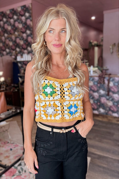 Mustard Granny Square Thin Strap Crochet Top