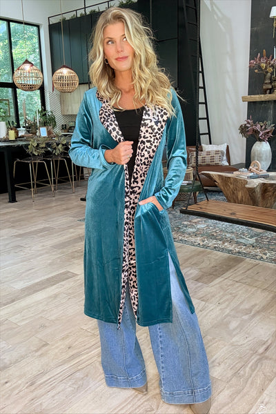 Teal Animal Print Lapel Velvet Duster
