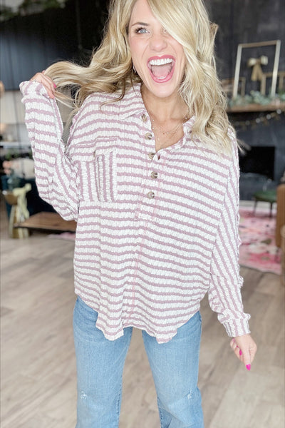 Lavender Striped Quarter Button Top