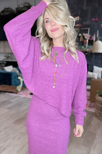 Deep Magenta Asymmetrical Ribbed Knit Top Set (Top Only)