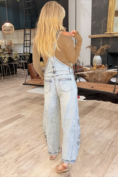 Denim Embroidered Wide Barrel Leg Overalls