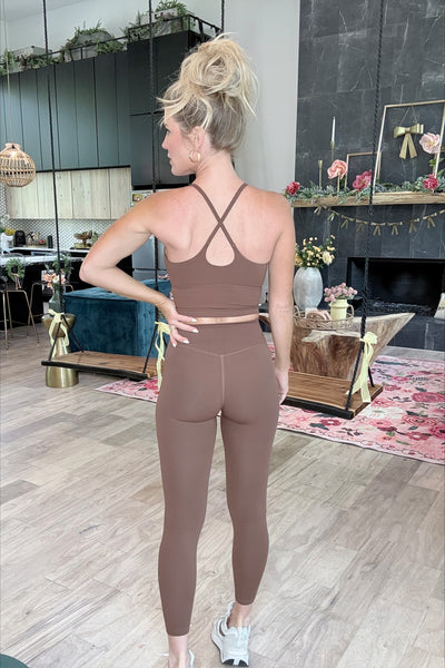 Brown Cross Back Cropped Tank Bra Set (Tank Only)
