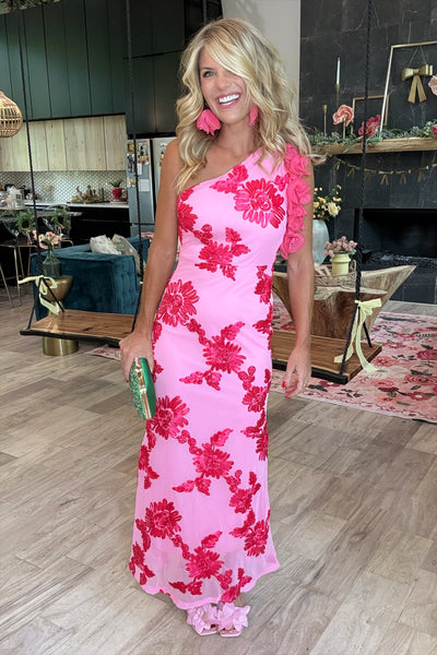 Pink Floral Ruffle One Shoulder Maxi Dress