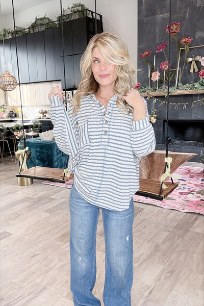 Blue Striped Quarter Button Top