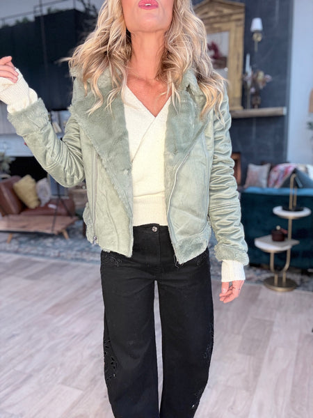 Sage Suede Faux Fur Moto Jacket