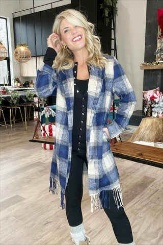 Navy Plaid Fringe Open Front Jacket