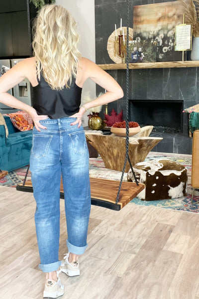 Distressed Boyfriend Fit Mini Barrel Jeans