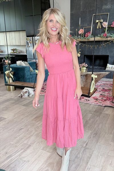 Rose Ruffle Sleeve Smocked Tiered Dress