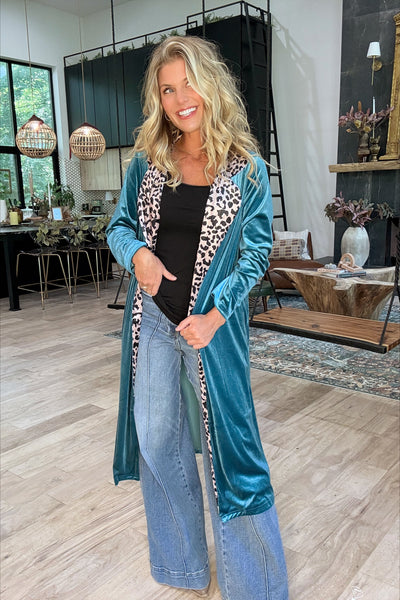 Teal Animal Print Lapel Velvet Duster