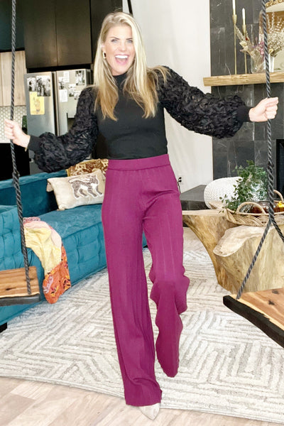 Berry Ribbed Wide Leg Pant