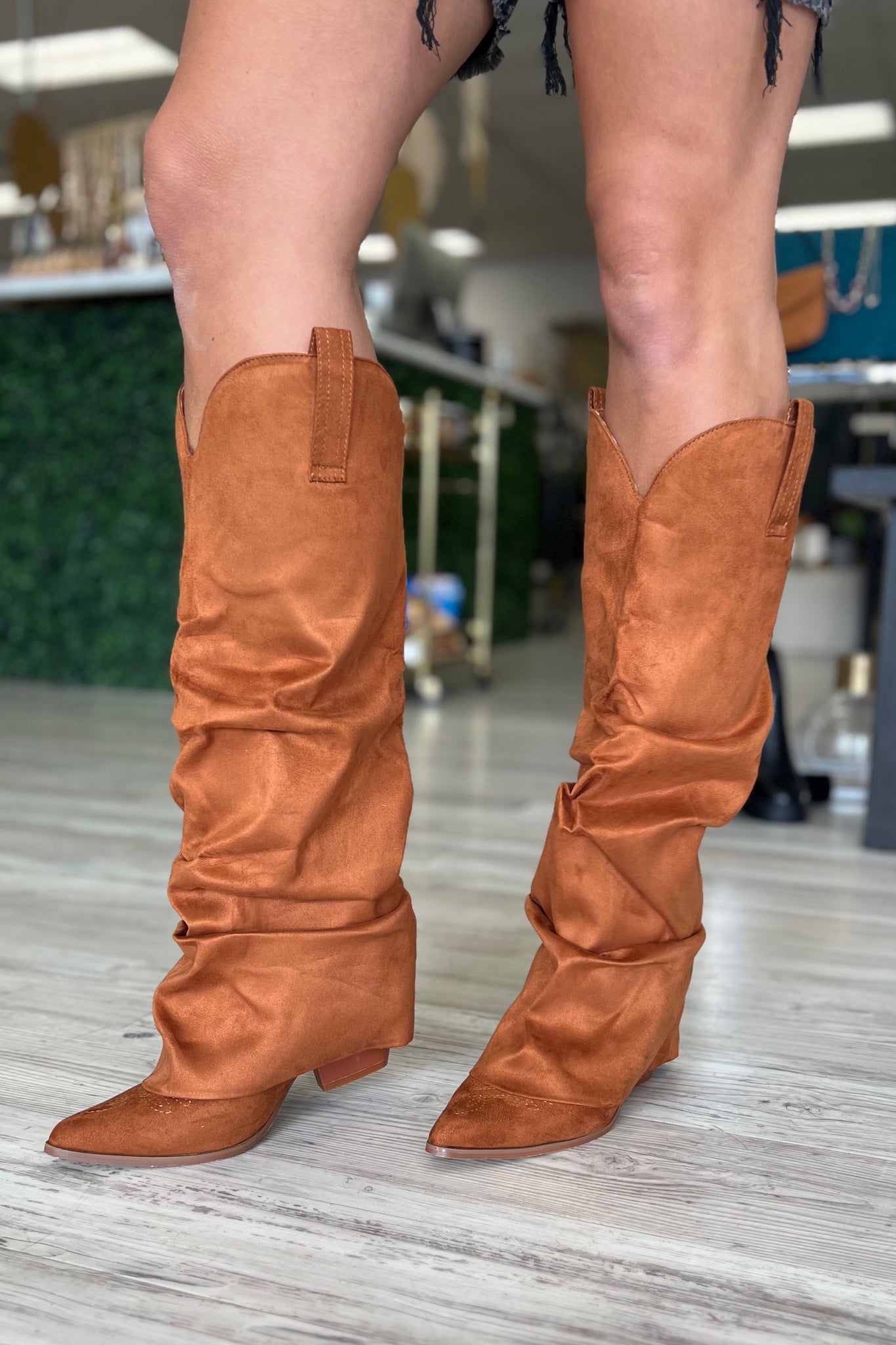 Camel Block Heel Knee High Slouched Boots