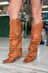 Tan Block Heel Knee High Slouched Boots