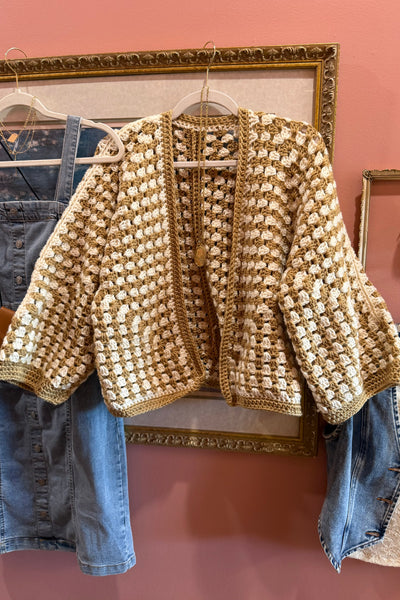 Taupe & Ivory Handmade Crochet Short Cardigan